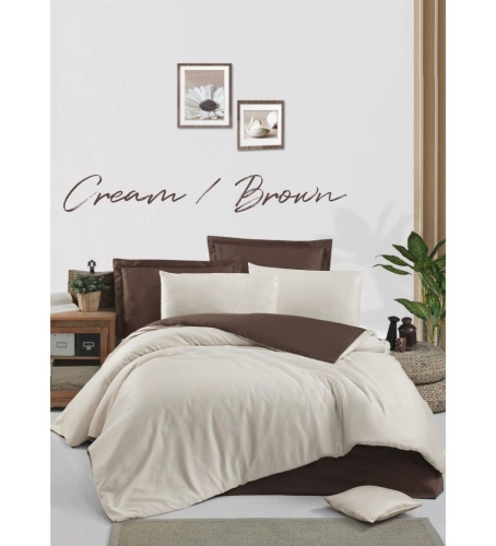 Lenjerie de pat dublu cu doua fete bumbac 100% Satin Deluxe Victoria Cream-Brown