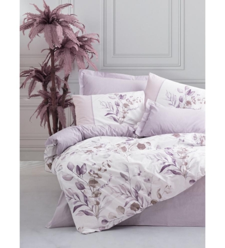 Lenjerie pat dublu100% bumbac ranforce 4 piese model floral Nadia Lilac, Cotton Box